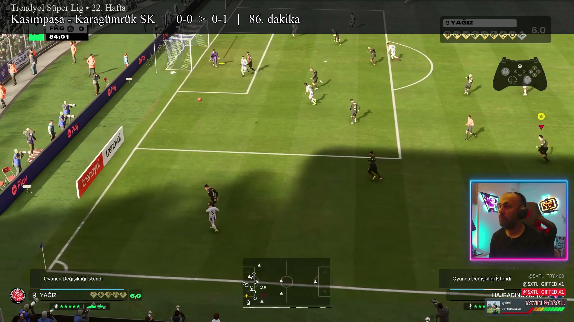 CNR Studio'nun ürettiği gerçek özet karesi: Kasımpaşa - Karagümrük maçında gol pozisyonu, üstte otomatik maç bilgisi, sağ altta facecam